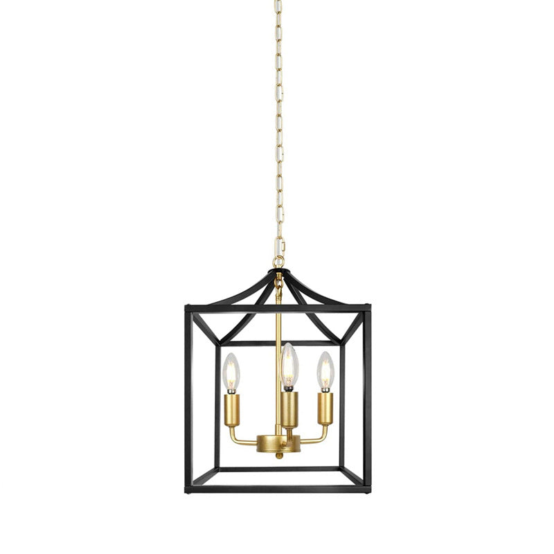 3 Lights Chandelier Lamp Industrial Kitchen Ceiling Pendant with Square Iron Cage in Black/Gold