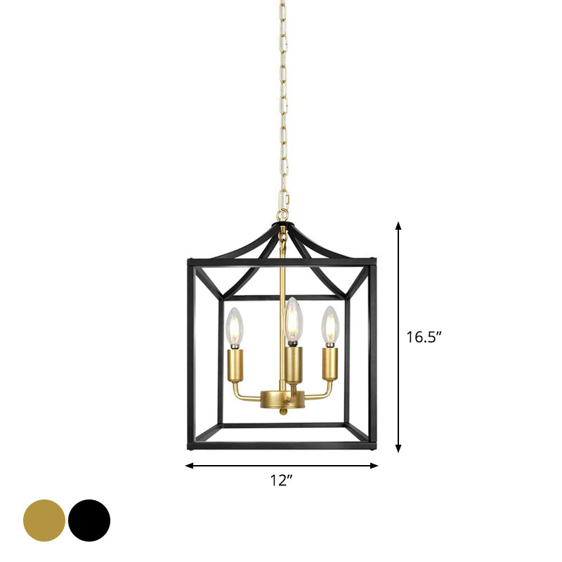 3 Lights Chandelier Lamp Industrial Kitchen Ceiling Pendant with Square Iron Cage in Black/Gold