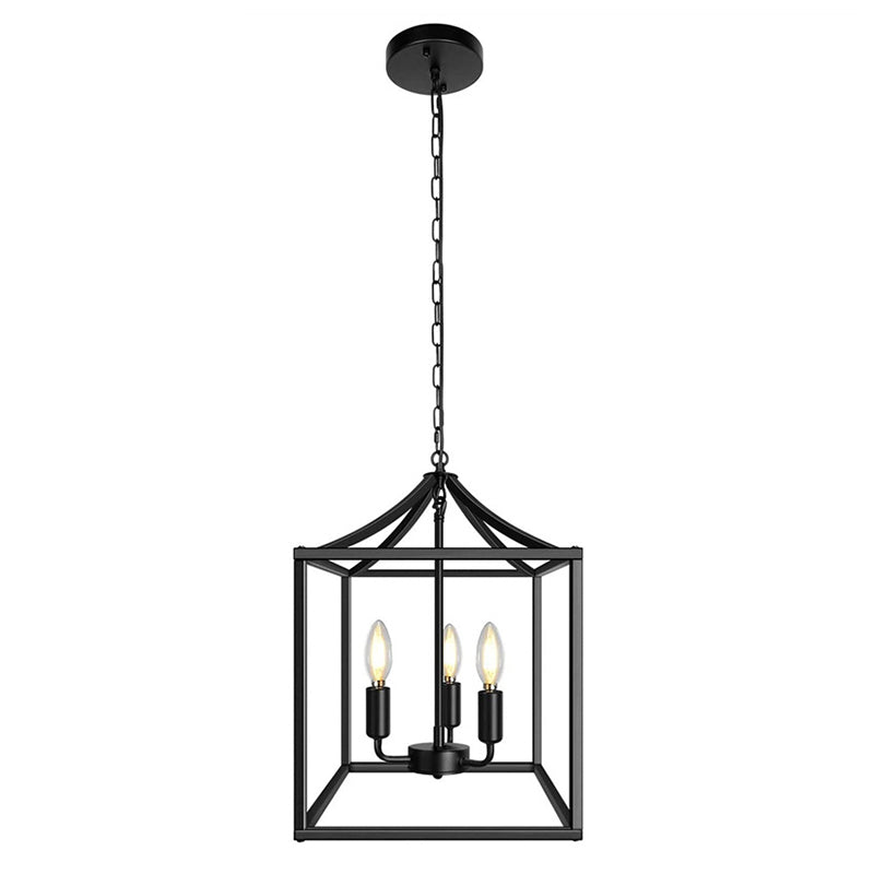 3 Lights Chandelier Lamp Industrial Kitchen Ceiling Pendant with Square Iron Cage in Black/Gold