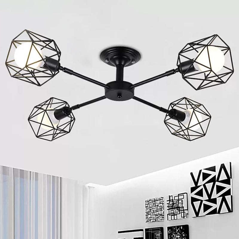 Iron Wire Cage Rotating Ceiling Chandelier Warehouse 4/6/8-Light Bedroom Pendant Lamp in Black