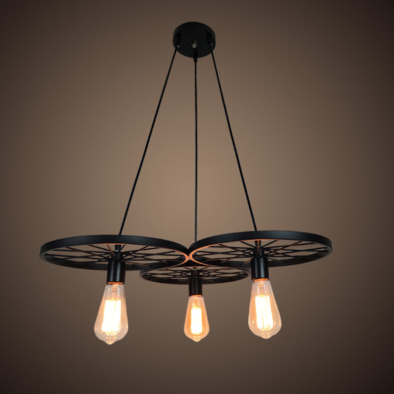 3/6 Lights Iron Hanging Chandelier Farmhouse Black Wheel Bistro Ceiling Pendant Lamp