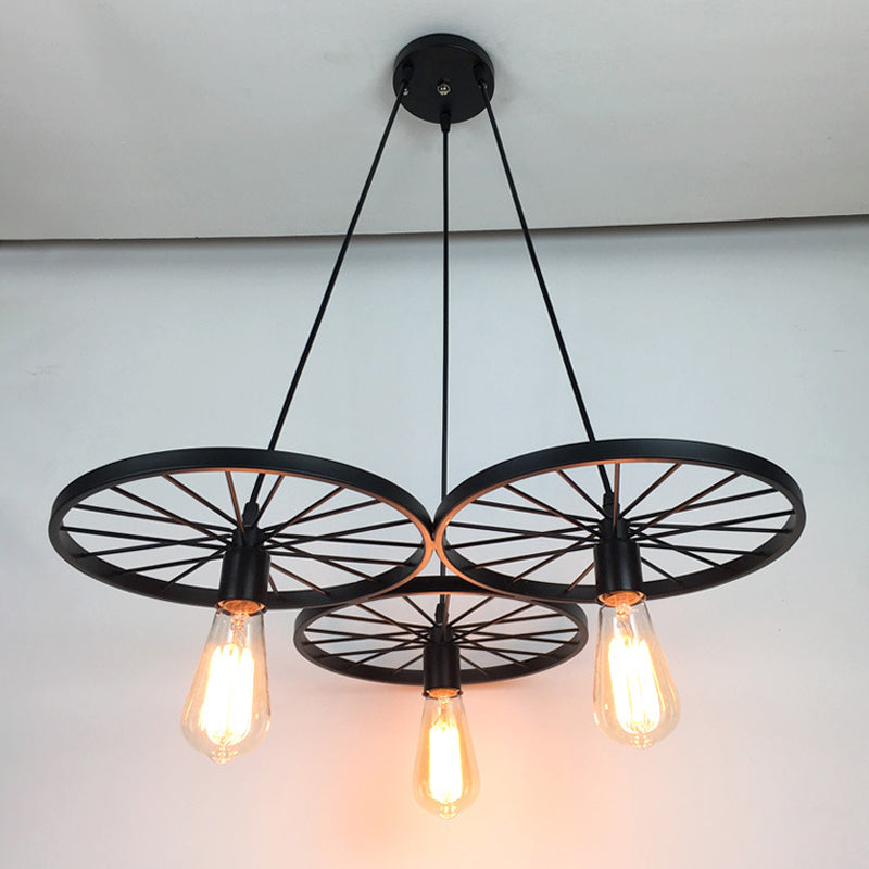 3/6 Lights Iron Hanging Chandelier Farmhouse Black Wheel Bistro Ceiling Pendant Lamp
