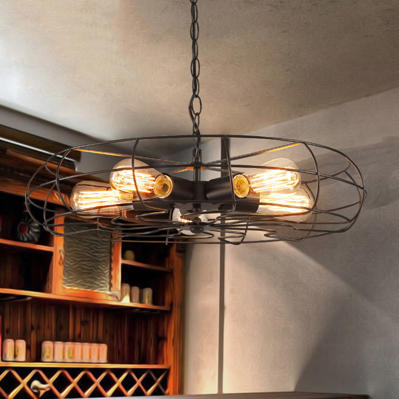 Round Caged Restaurant Ceiling Pendant Industrial Iron 5-Bulb 19"/21.5" W Black Chandelier Lamp