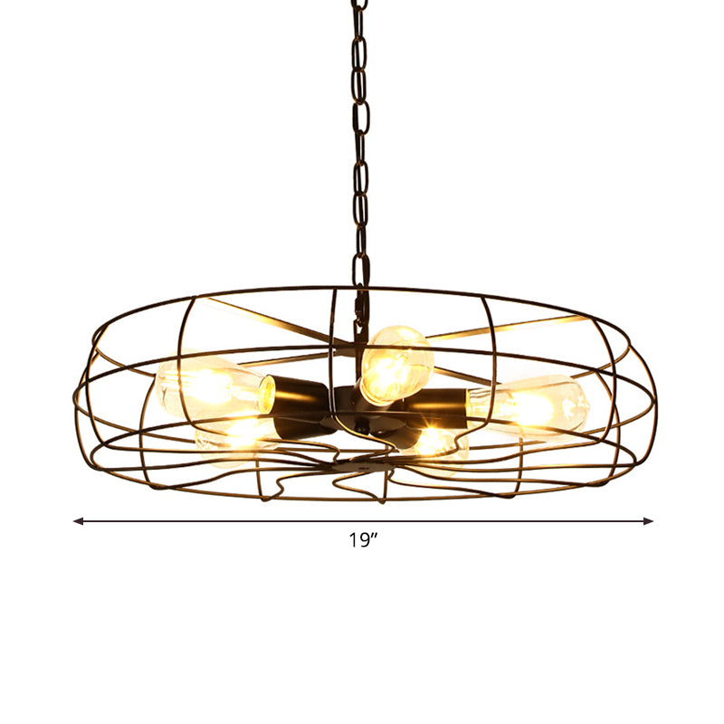 Round Caged Restaurant Ceiling Pendant Industrial Iron 5-Bulb 19"/21.5" W Black Chandelier Lamp