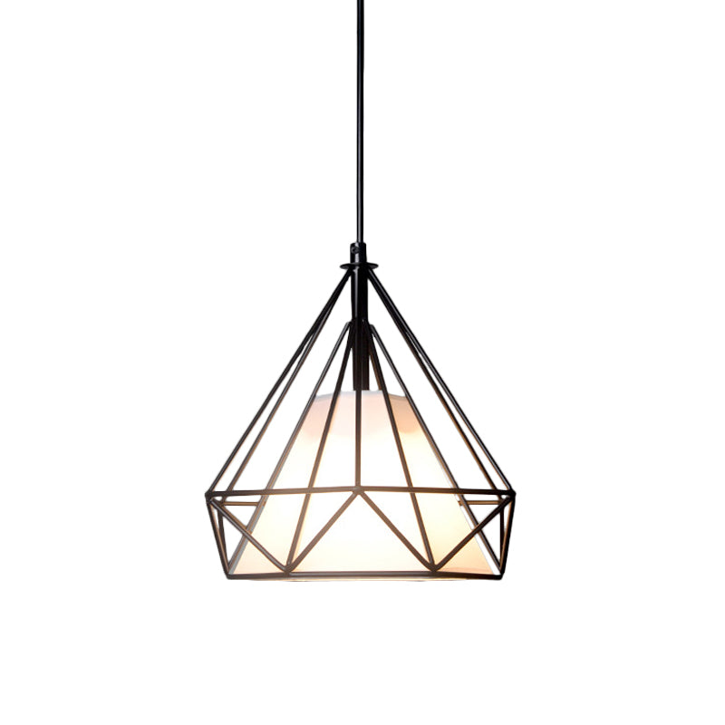 Lámpara de cuello de techo de diamantes de loft 1 cabeza de colgante de hierro de cabeza en negro/blanco/verde con tono de tela de cono en el interior