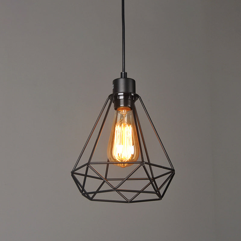 Iron Diamond Hanging Light Fixture Industrial Style 1 Bulb Bedside Pendulum Light in Black