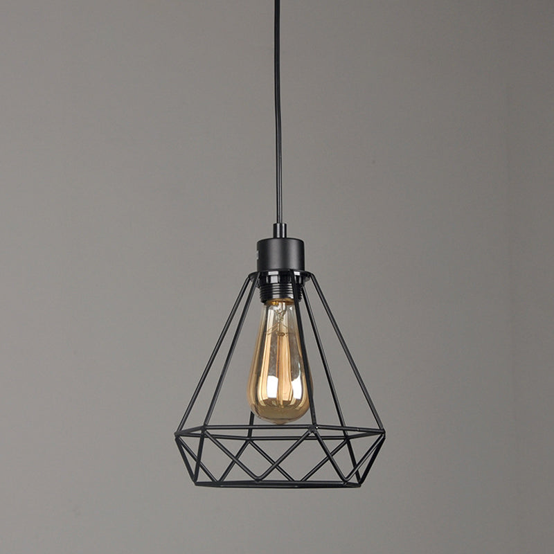 Iron Diamond Hanging Light Fixture Industrial Style 1 Bulb Bedside Pendulum Light in Black