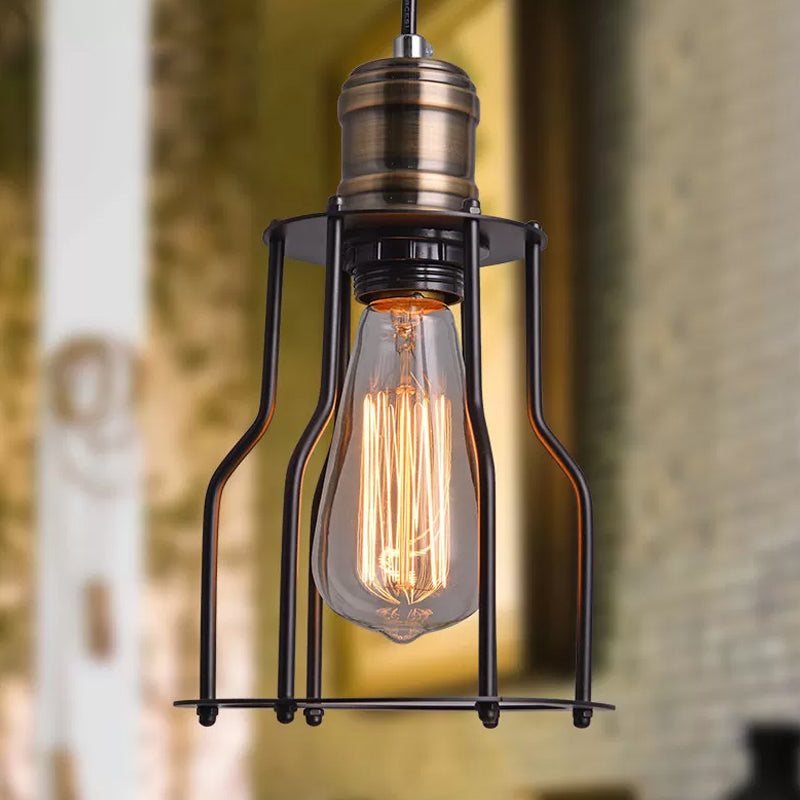 Single-Bulb Drop Pendant Warehouse Caged Metal Suspended Lighting Fixture in Black