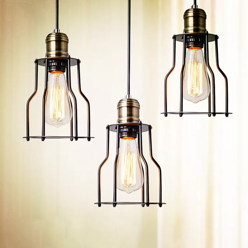 Single-Bulb Drop Pendant Warehouse Caged Metal Suspended Lighting Fixture in Black