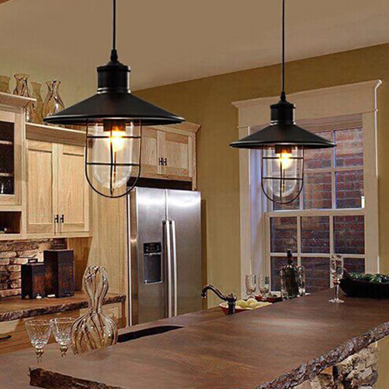 Saucer Dining Room Pendulum Light Rustic Iron 1 Bulb 10.5"/14" Wide Black Pendant Lamp with Extra 2-Shade Guard