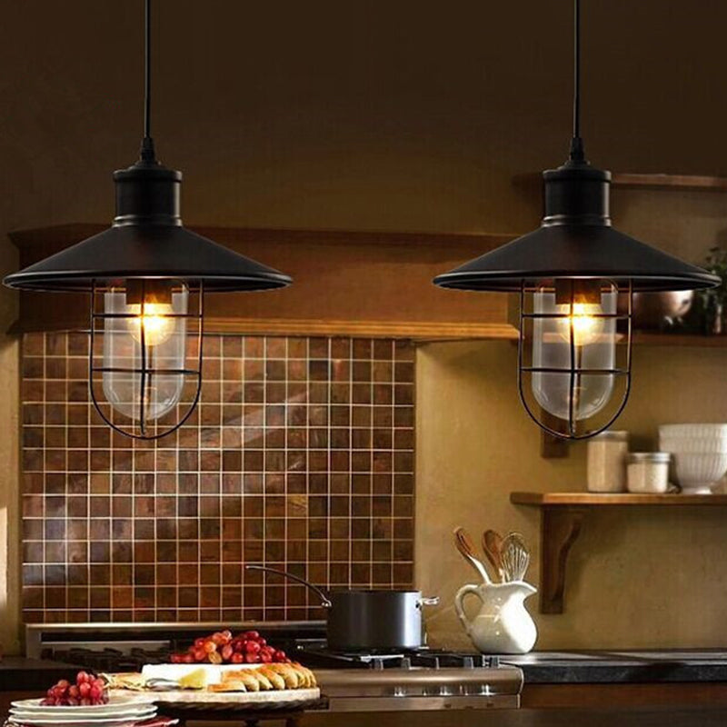 Saucer Dining Room Pendulum Light Rustic Iron 1 Bulb 10.5"/14" Wide Black Pendant Lamp with Extra 2-Shade Guard