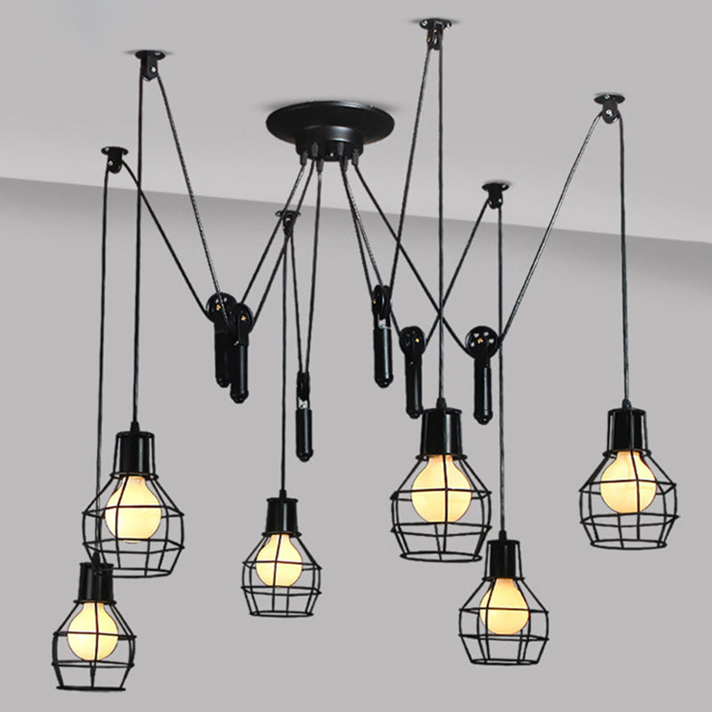 6 lumières Swag Pendante Éclairage industriel Iron noir Multiple Hanging Light avec poulie