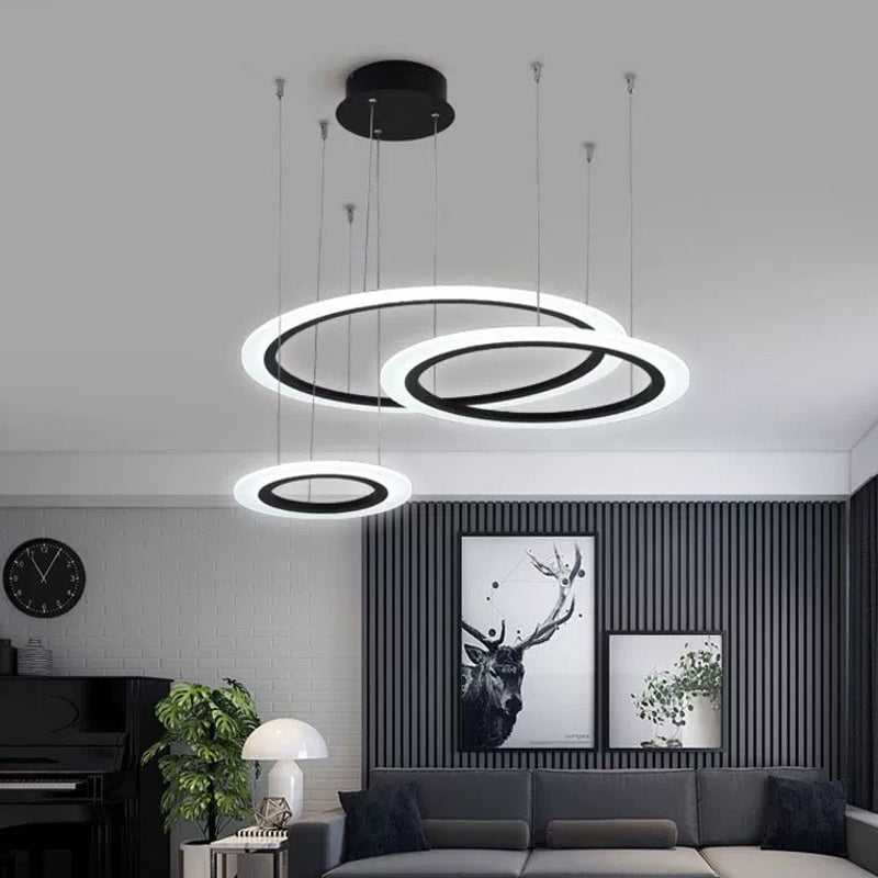 Contemporary LED Hanging Light Kit Black 3/4 Tiered Halo Ring Chandelier with Acrylic Shade