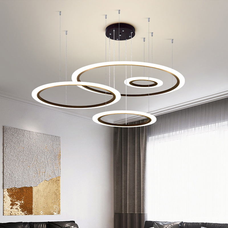 Contemporary LED Hanging Light Kit Black 3/4 Tiered Halo Ring Chandelier with Acrylic Shade