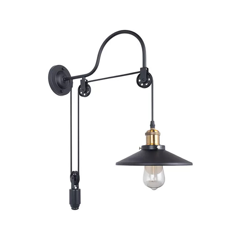 Conical Bedside Pulley Reading Wall Light Industrial Metal 1-Light Black Wall Lamp with Gooseneck Arm