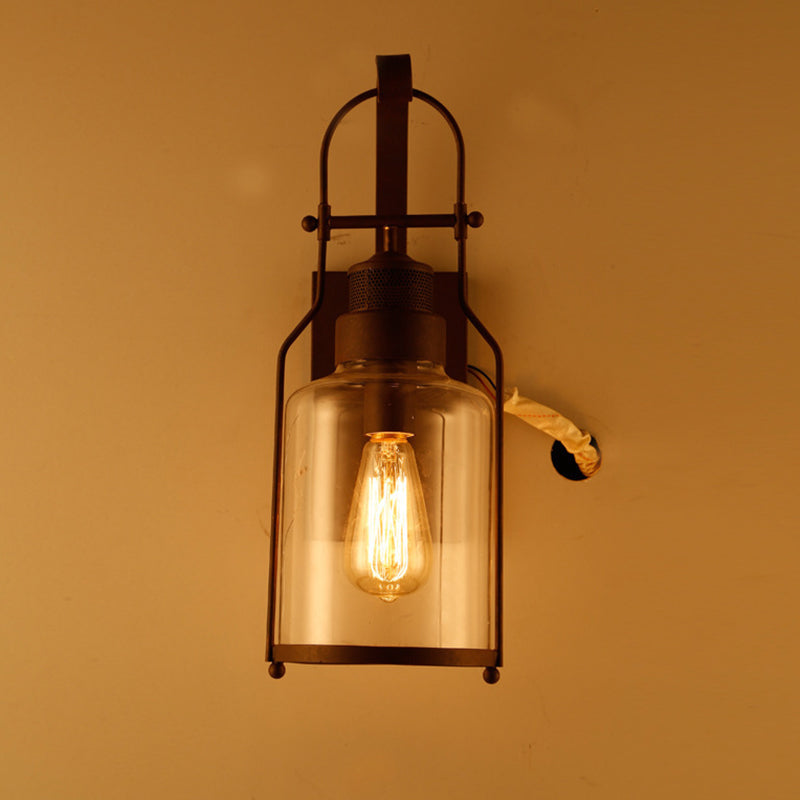 Cylindrical Clear Glass Wall Hanging Light Rustic 1 Head Kitchen Wall Mounted Lamp with Mesh Top in Black