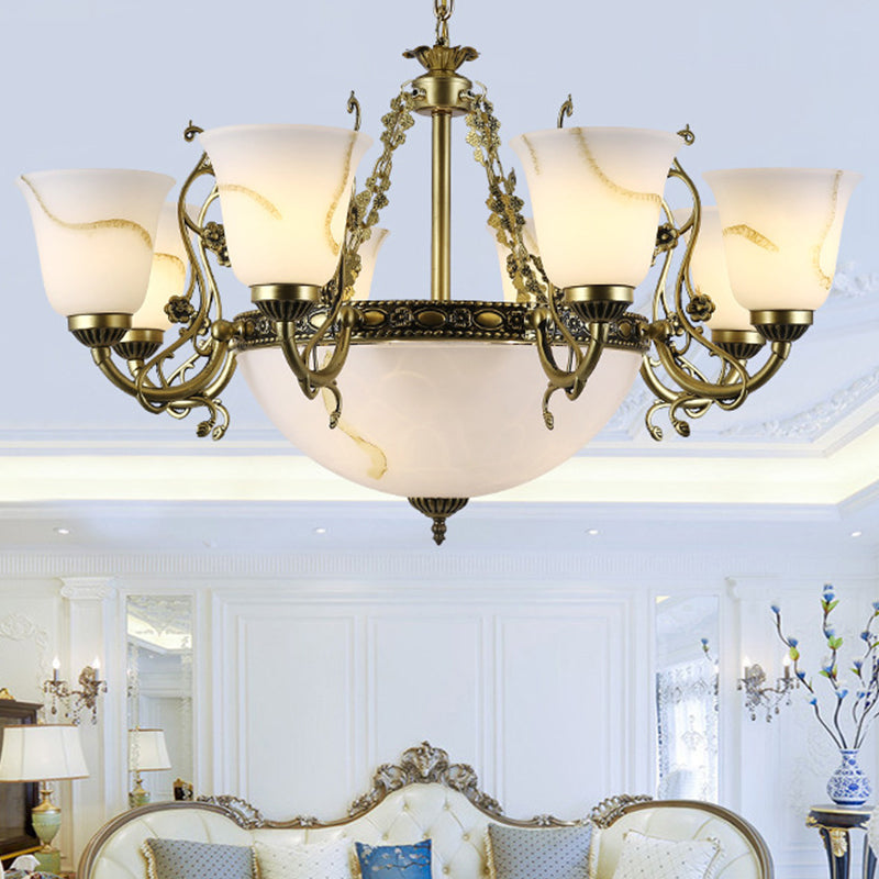 Ivory Glass Bowl/Bell Ceiling Hang Lamp Vintage 11 Lights Bedroom Chandelier Lighting