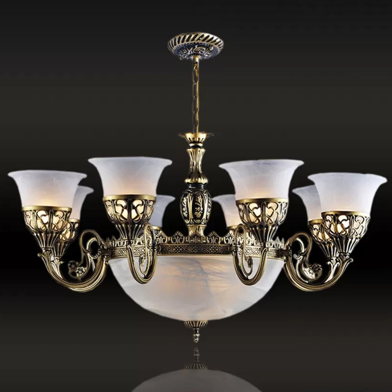 11 Lights Frosted White Glass Hanging Lamp Rustic Bronze Bell Dining Room Chandelier Light