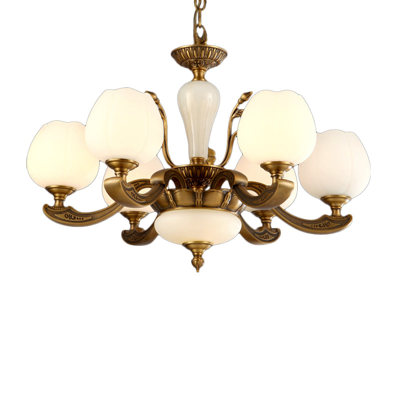 Traditionele knopvormige hangende lamp 3/6 lichten Frosted wit glas kroonluchter in messing