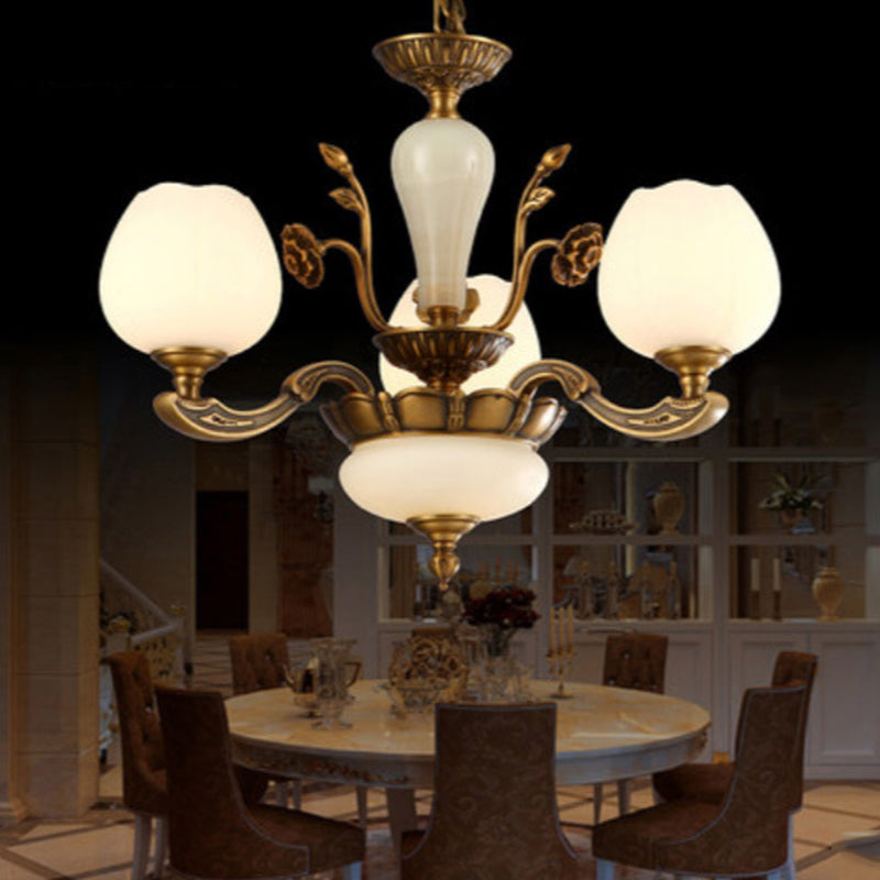 Traditionele knopvormige hangende lamp 3/6 lichten Frosted wit glas kroonluchter in messing
