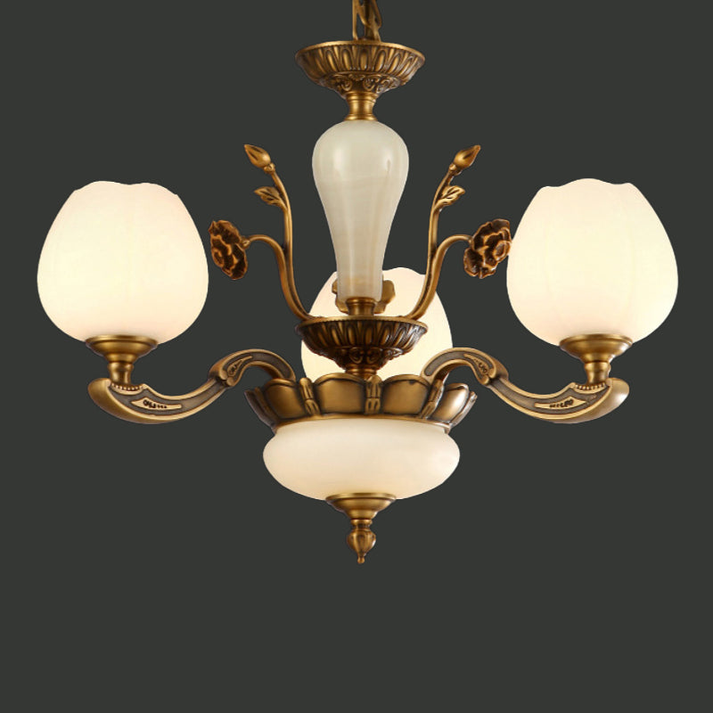 Traditionele knopvormige hangende lamp 3/6 lichten Frosted wit glas kroonluchter in messing