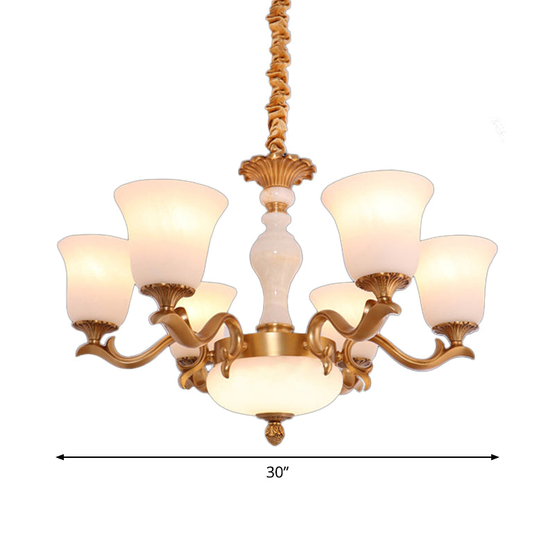 Bell met 6 licht omhoog kroonluchter lamp vintage koperen crème glazen hanglamp lampje voor slaapkamer