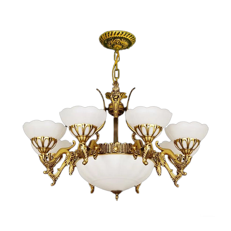 Messing 9 lichten hangende lichtkit traditionele melkglas geschulpte kroonluchter voor woonkamer