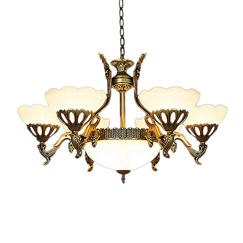 Geschulpte woonkamer plafond hanger Traditioneel wit glas 9-head koper afwerking kroonluchter