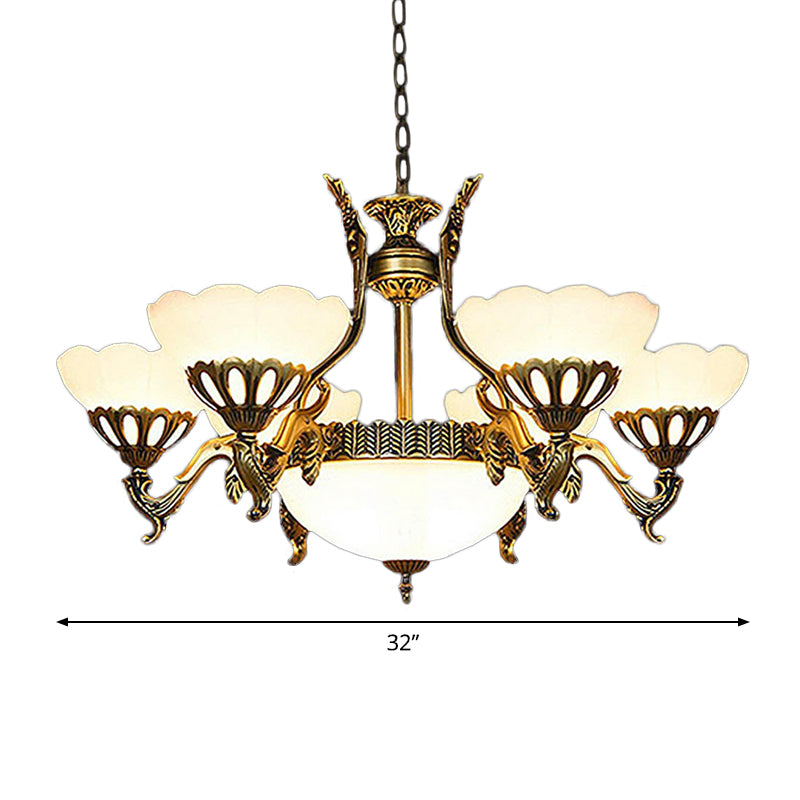 Geschulpte woonkamer plafond hanger Traditioneel wit glas 9-head koper afwerking kroonluchter