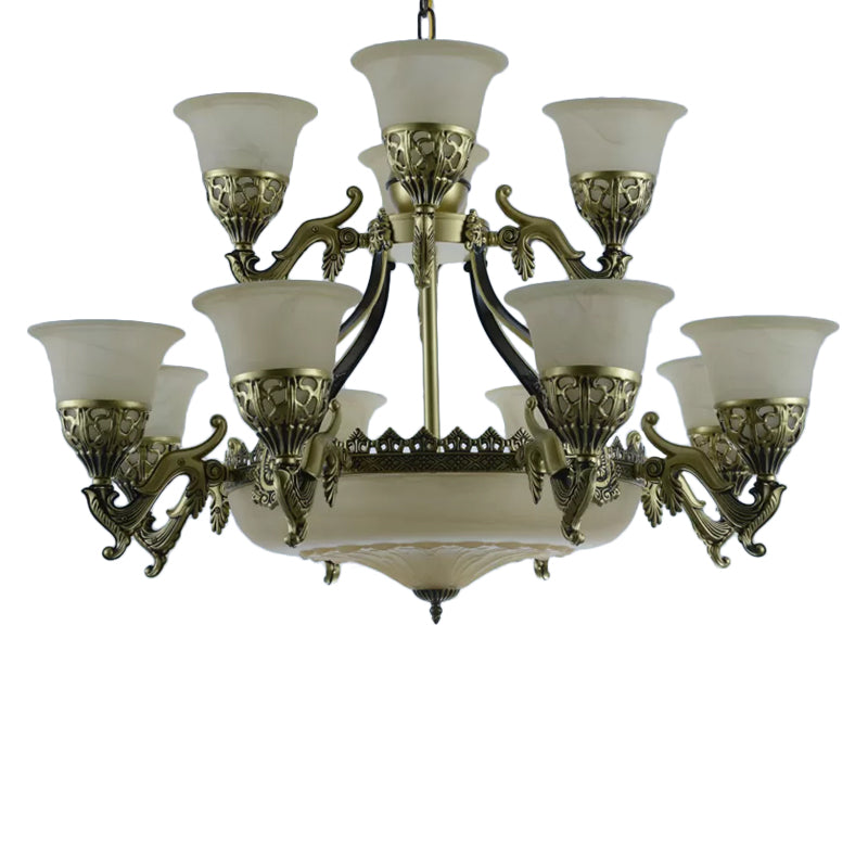 Bronzen bel omhoog kroonluchter licht traditioneel opaline glas 15 bollen eetkamer hanglamp