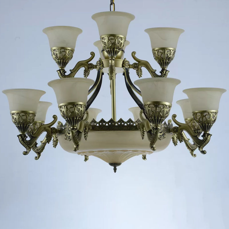 Bronzen bel omhoog kroonluchter licht traditioneel opaline glas 15 bollen eetkamer hanglamp