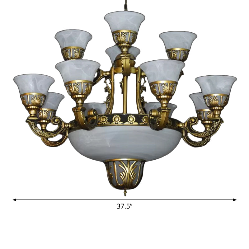 Traditionele stijl Bell Kroonluchter 15 Heads Alabaster glas omhoog hangend plafondlicht in messing