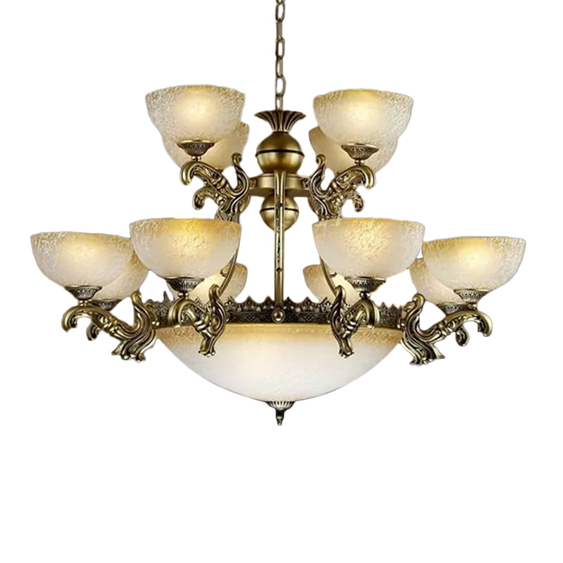 Frosted Pattered Glass Bowl Drop Lamp Rustiek 15-licht woonkamer plafond kroonluchter in brons