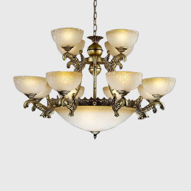 Frosted Pattered Glass Bowl Drop Lamp Rustiek 15-licht woonkamer plafond kroonluchter in brons