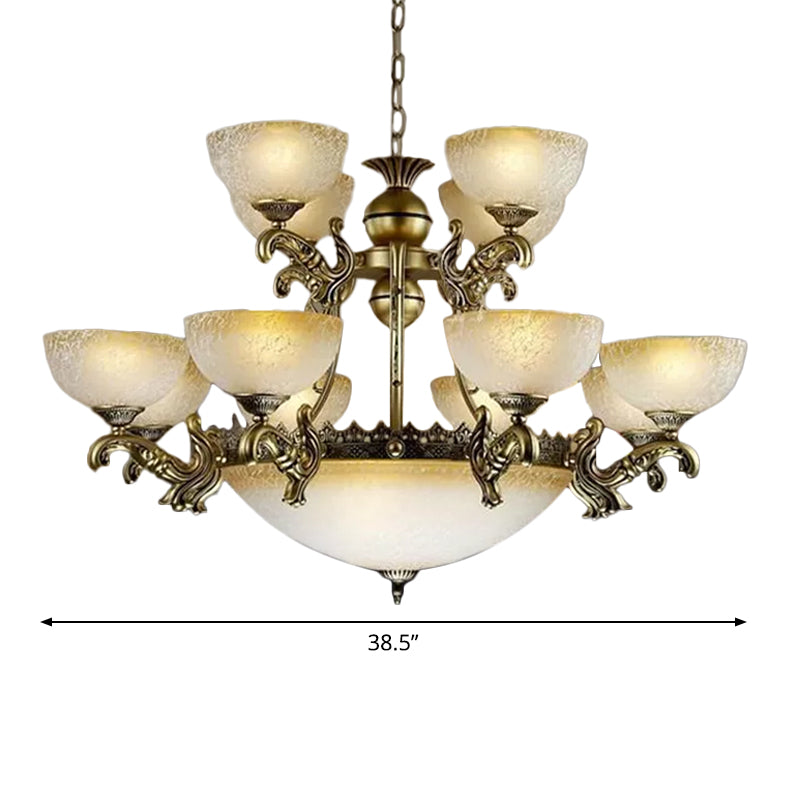 Frosted Pattered Glass Bowl Drop Lamp Rustiek 15-licht woonkamer plafond kroonluchter in brons