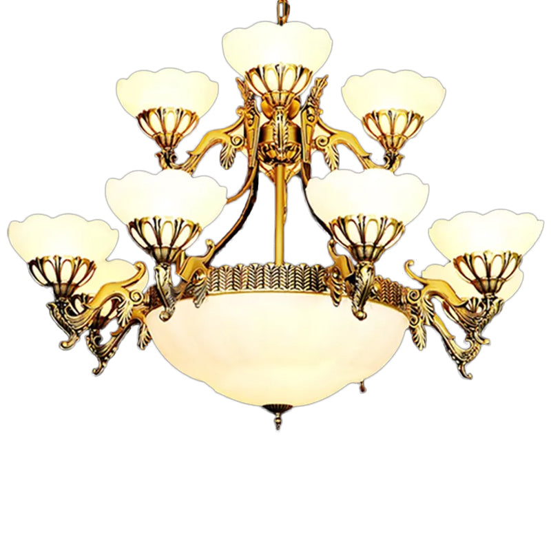 15 bollen 2-laags geschulpte kroonluchter Traditionele koperen crème glashanglamp voor woonkamer