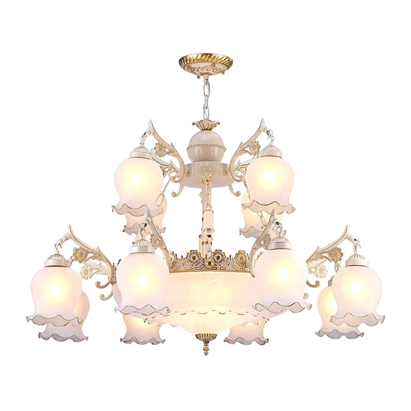 15-head suspensie hanglamp traditionele 2-laags knopvormige melkglas kroonluchter in het wit