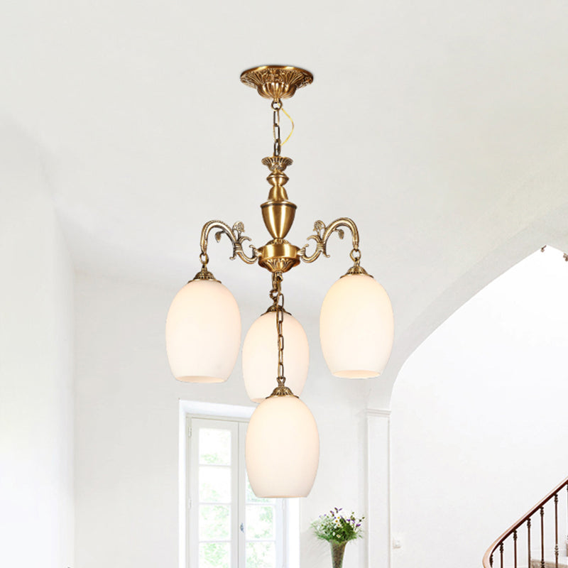 4/6-bulb ovaal kroonluchter verlichting vintage bronzen afwerking mat wit glas naar beneden verlichting hanger