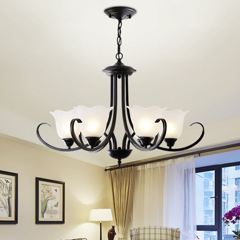Opal Frosted Glass Black Chandelier Floral 3/8/9-Light Farmhouse Ceiling Pendant Lamp with Scrolling Arm