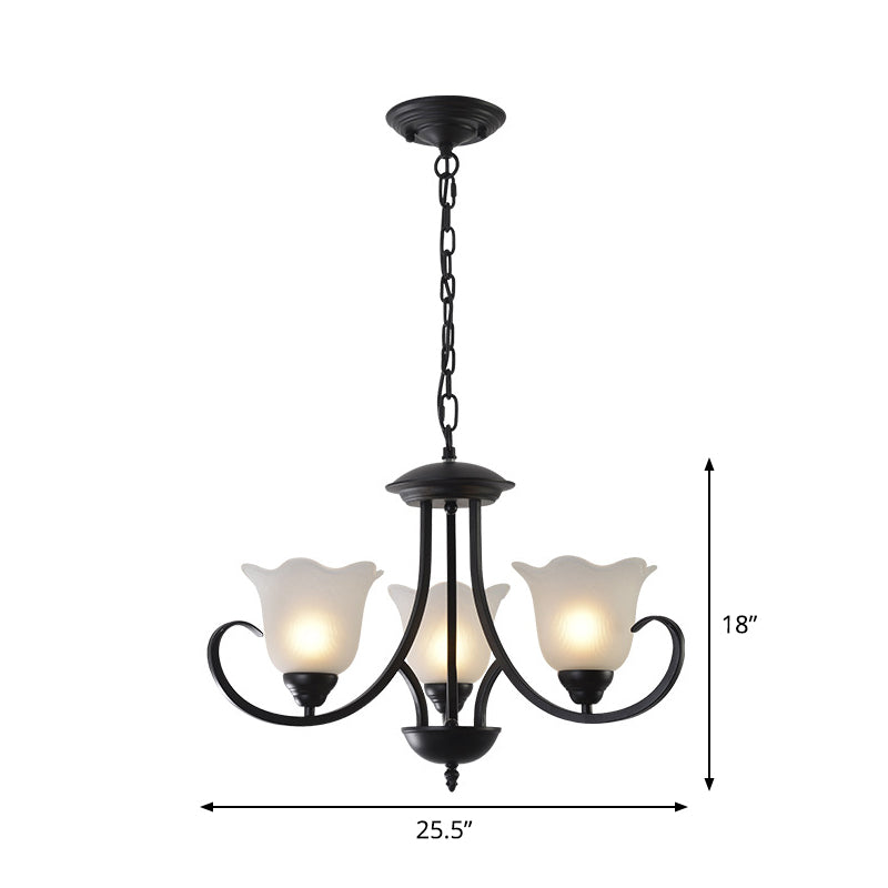 Opal Frosted Glass Zwart Kroonluchter Bloemen 3/8/9-Licht Farmhouse plafond hanglamp met scrollende arm