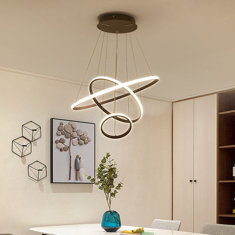 White/Coffee Circle Small/Large Chandelier Minimalist 3-Head Acrylic LED Ceiling Suspension Lamp