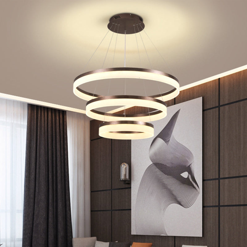 1/2/3-Tier Circle Chandelier Light Minimalistic Acrylic Brown LED Pendant Light Kit for Bedroom