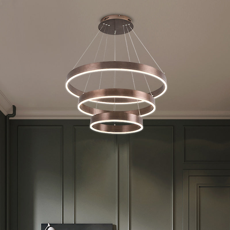 Circular Living Room LED Chandelier Metal 3 Heads Minimalist Suspension Pendant Light in Coffee/Gold