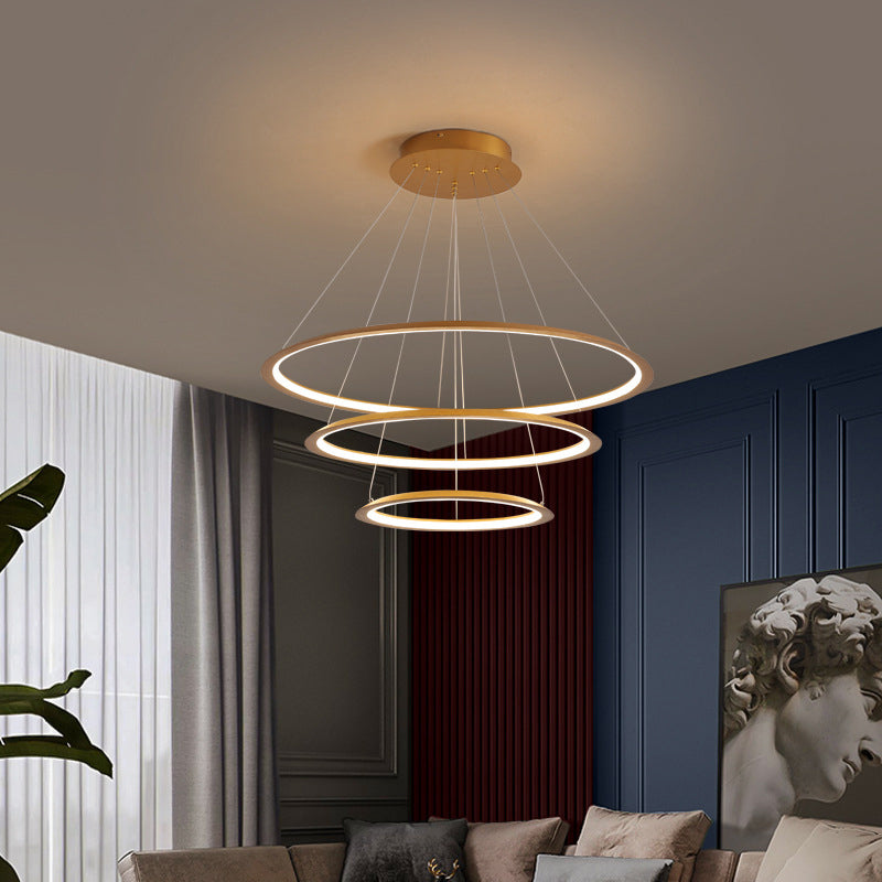 3/4 Tiers Slim Hoop Pendant Lighting Simple Aluminum Living Room LED Chandelier in Gold/Coffee