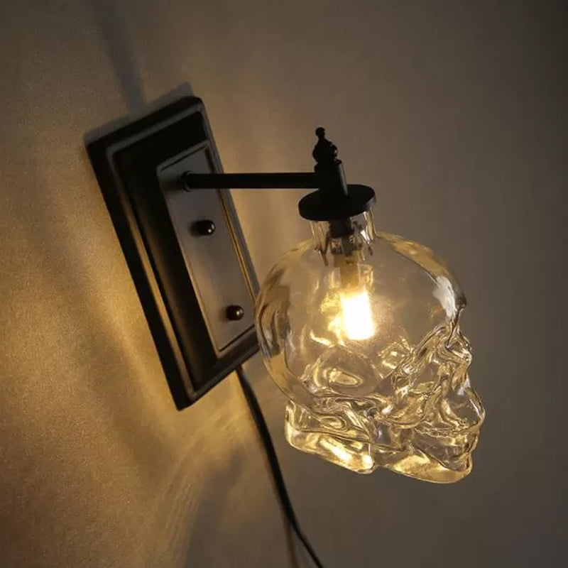 Clear Glass Skull Sconce Lamp Decorative 1-Light Black Wall Mounted Lighting Fixture