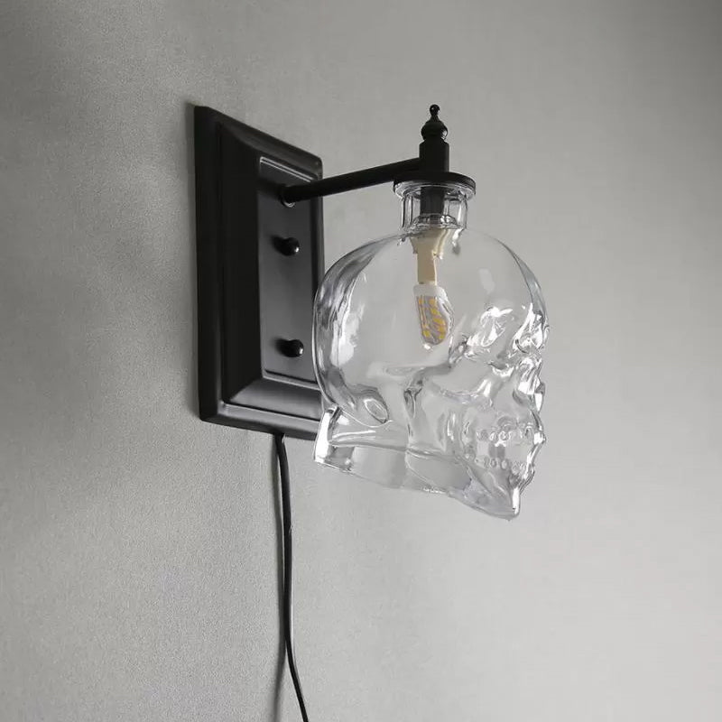 Clear Glass Skull Sconce Lamp Decorative 1-Light Black Wall Mounted Lighting Fixture