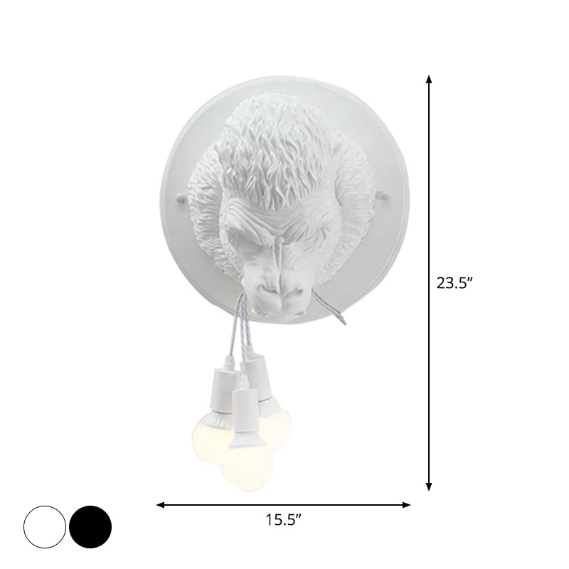 Orangutan Head Wall Mounted Lamp Decorative Resin 3 Lights Black/White Wall Sconce for Porch