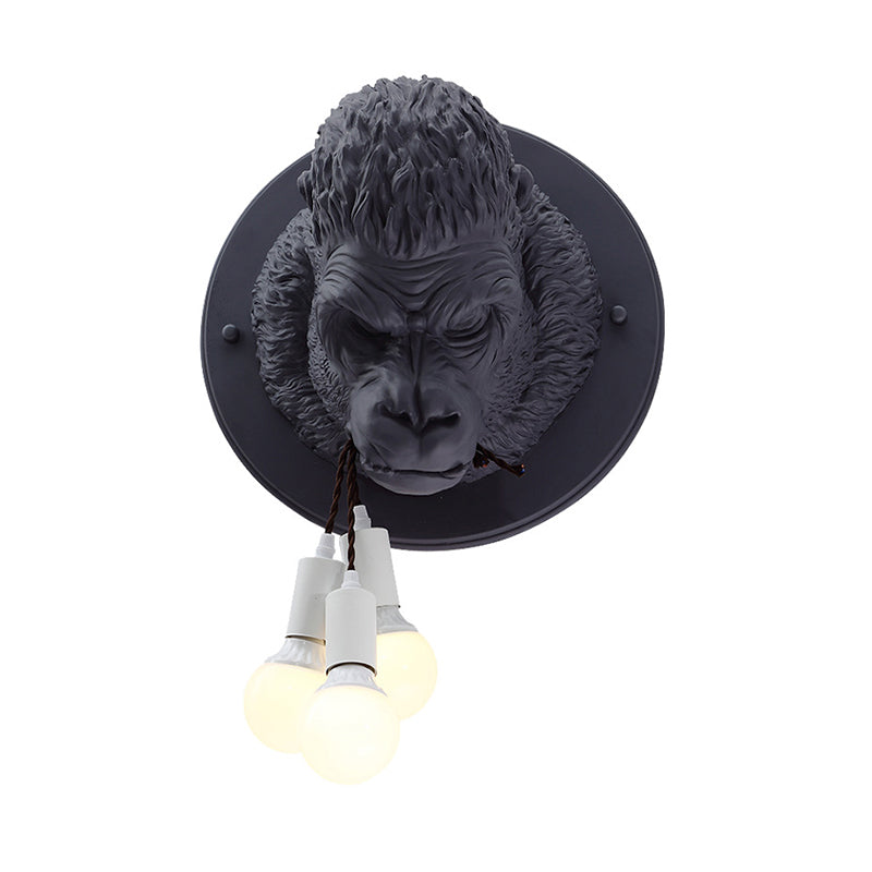 Orangutan Head Wall Mounted Lamp Decorative Resin 3 Lights Black/White Wall Sconce for Porch