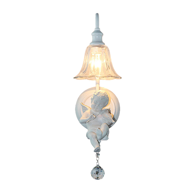 Cream Angel Wall Light Decorative 1-Head Resin Wall Mounted Lamp with Flower Clear Glass Shade and Crystal Orb