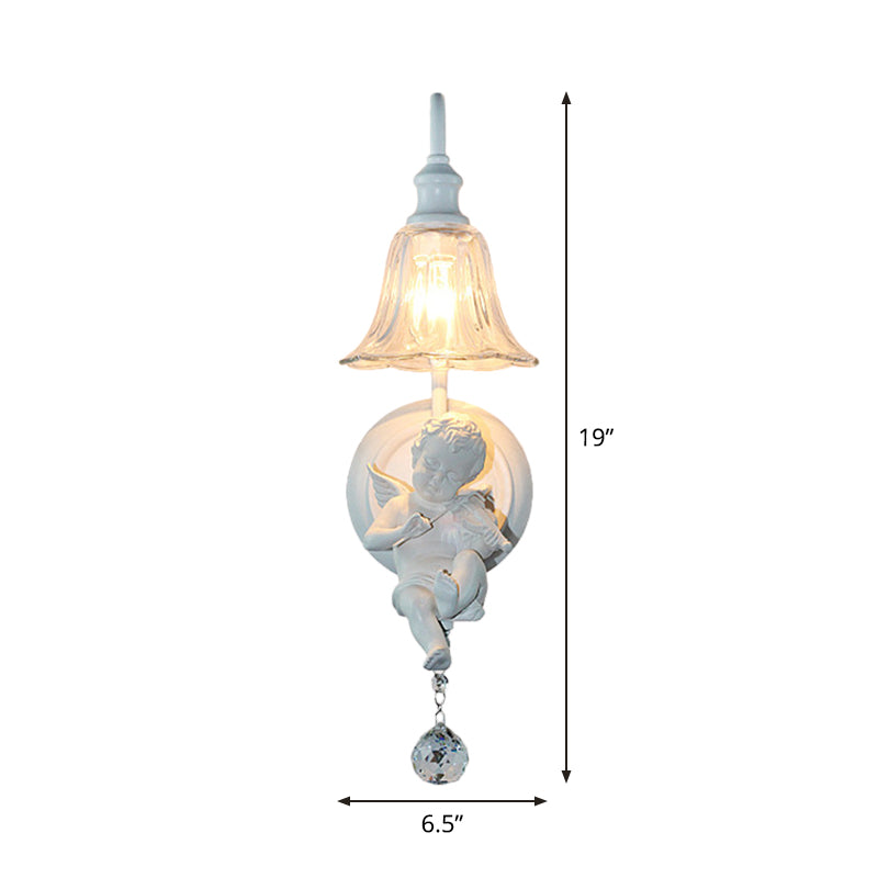 Cream Angel Wall Light Decorative 1-Head Resin Wall Mounted Lamp with Flower Clear Glass Shade and Crystal Orb